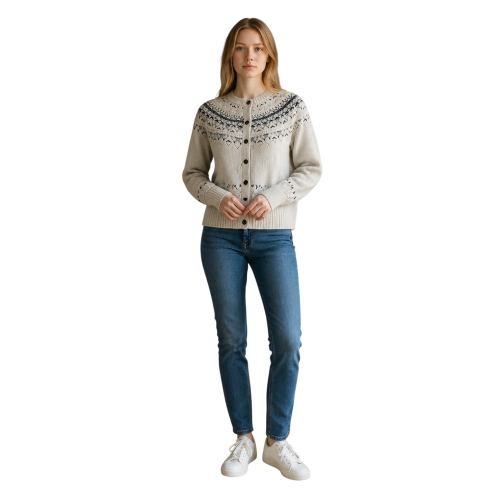 LL Bean Signature Fair Isle Cotton Cardigan Sweater Cream Blue Large